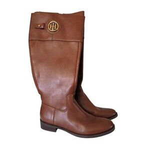 Tommy Hilfiger Vegan Leather Riding Boots Medallio Logo Brown Women's Size 8 EUC